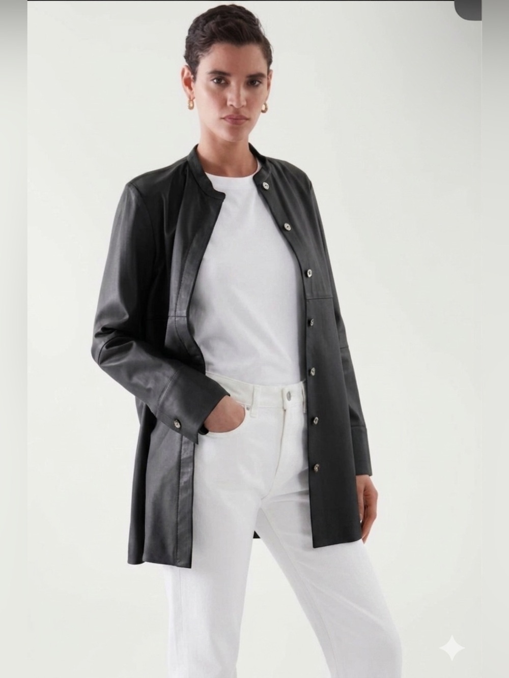 COS Black Leather button oversized tunic over shirt jacket size 8
